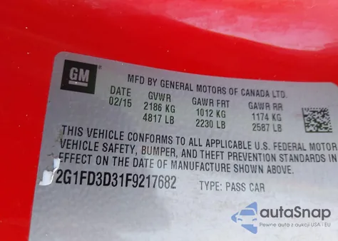 2015 Chevrolet Camaro 1Lt из США, поврежденный, VIN 2G1FD3D31F9217682